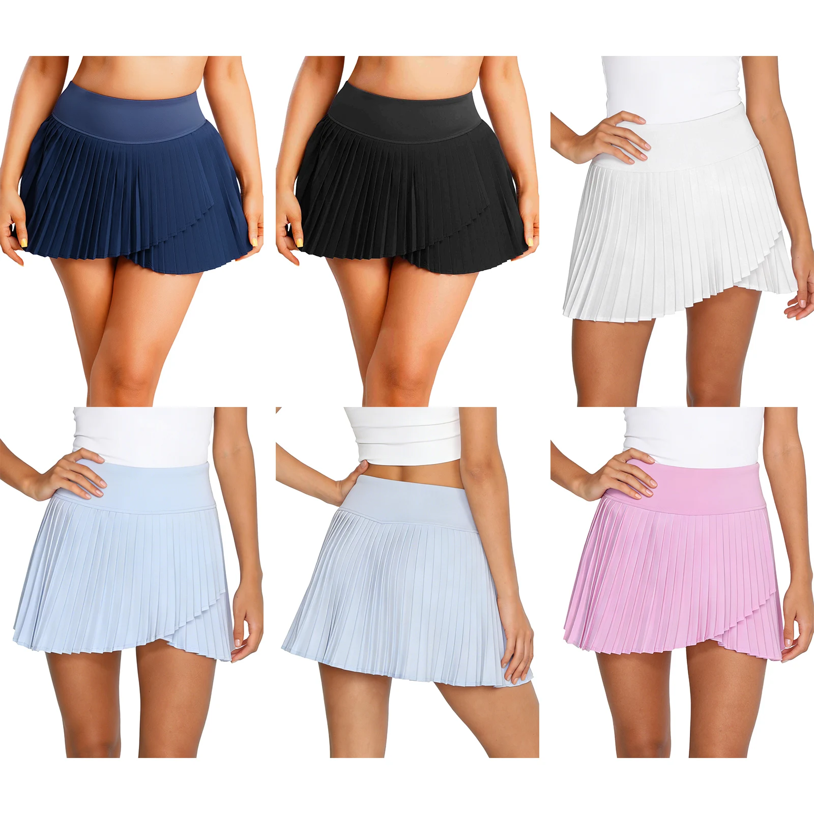 

Womens Pleated Tennis Skirt Fake Two-piece Sports Fitness Badminton Skirt Asymmetrical Hem Split Stretchy Athletic Golf Skirt