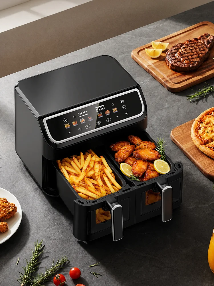 Patbrela 9L Dual Air Fryer XXL Große Kapazität, Doppelkorb-Heißluftfritteuse mit unabhängiger Steuerung, 2000W Schnellgarung, Multifunktionale ölfreie Gesundheitsfritteuse mit digitalem Touchscreen
