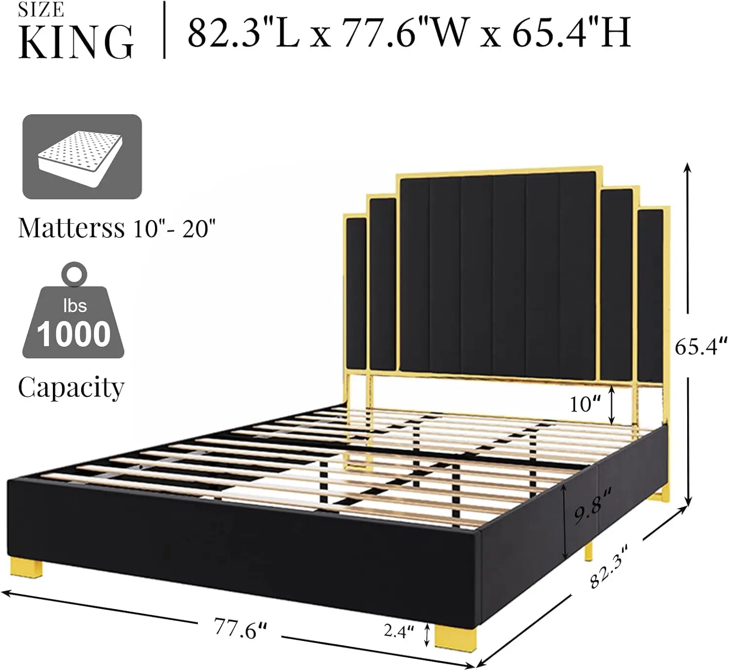 Marco de cama con plataforma tamaño King, cama tapizada de terciopelo de 65" con cabecero con ribete dorado/lamas de madera/no necesita somier/negro
