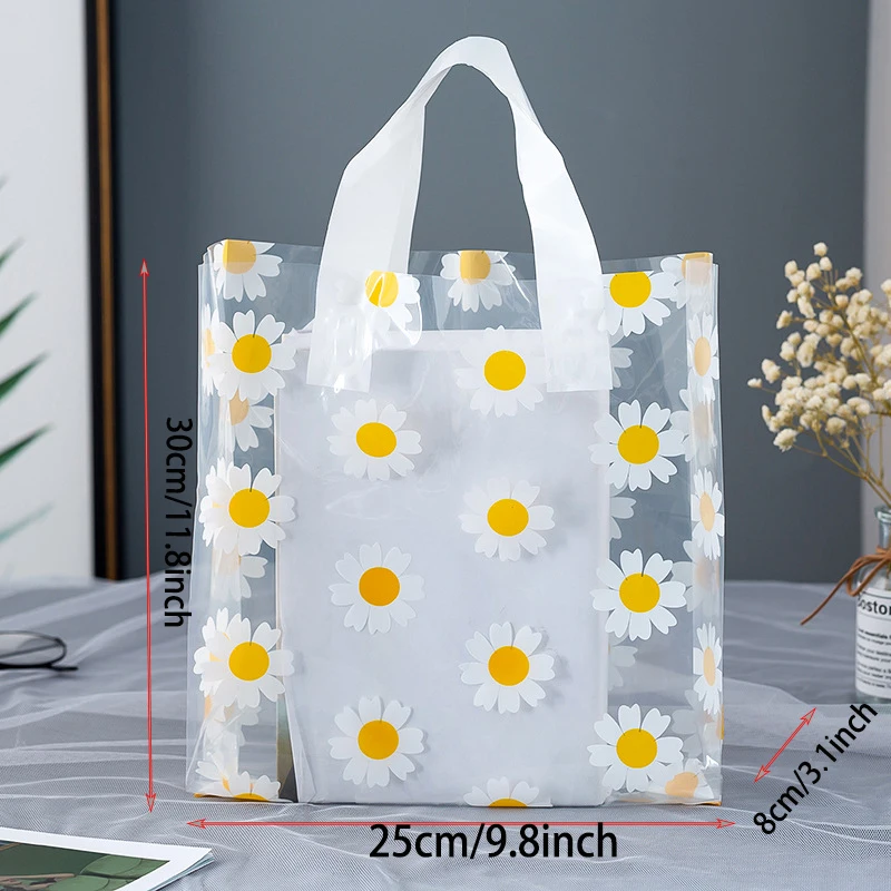 10/20Pcs Gift Bag Printed Flower Daisy Transparent PVC Tote Portable Bag Fashion Packing Shopping Casual Handbag Waterproof Bag