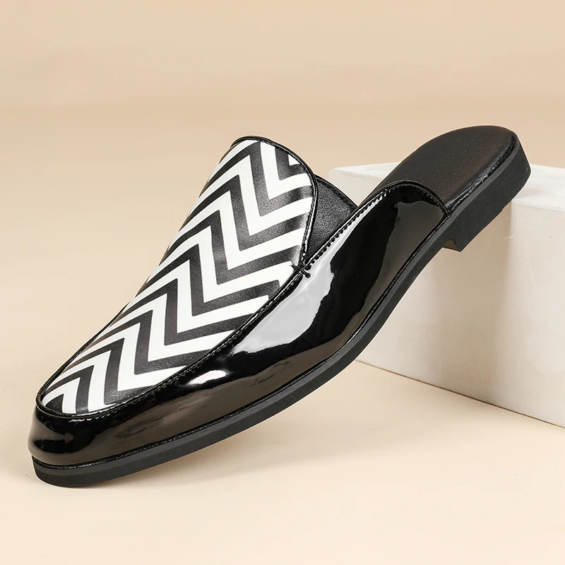 Fashion Leather Slippers for Men Closed-toe Striped Printed Half Slippers Mens Casual Leather Shoes Backless Slip Ons Loafers