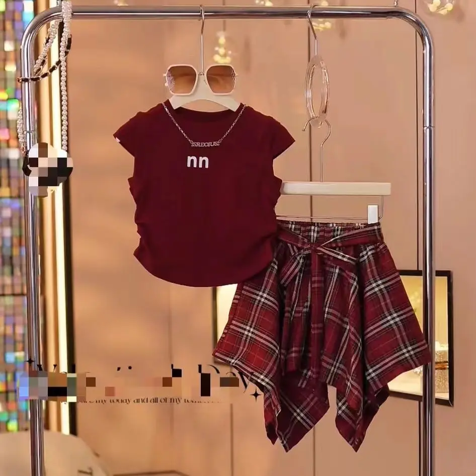 Girls\' Summer Clothing Set 2024 Children\'s New Sleeveless T-shirt Korean Fashion Baby Checkered Skirt Two Piece Set