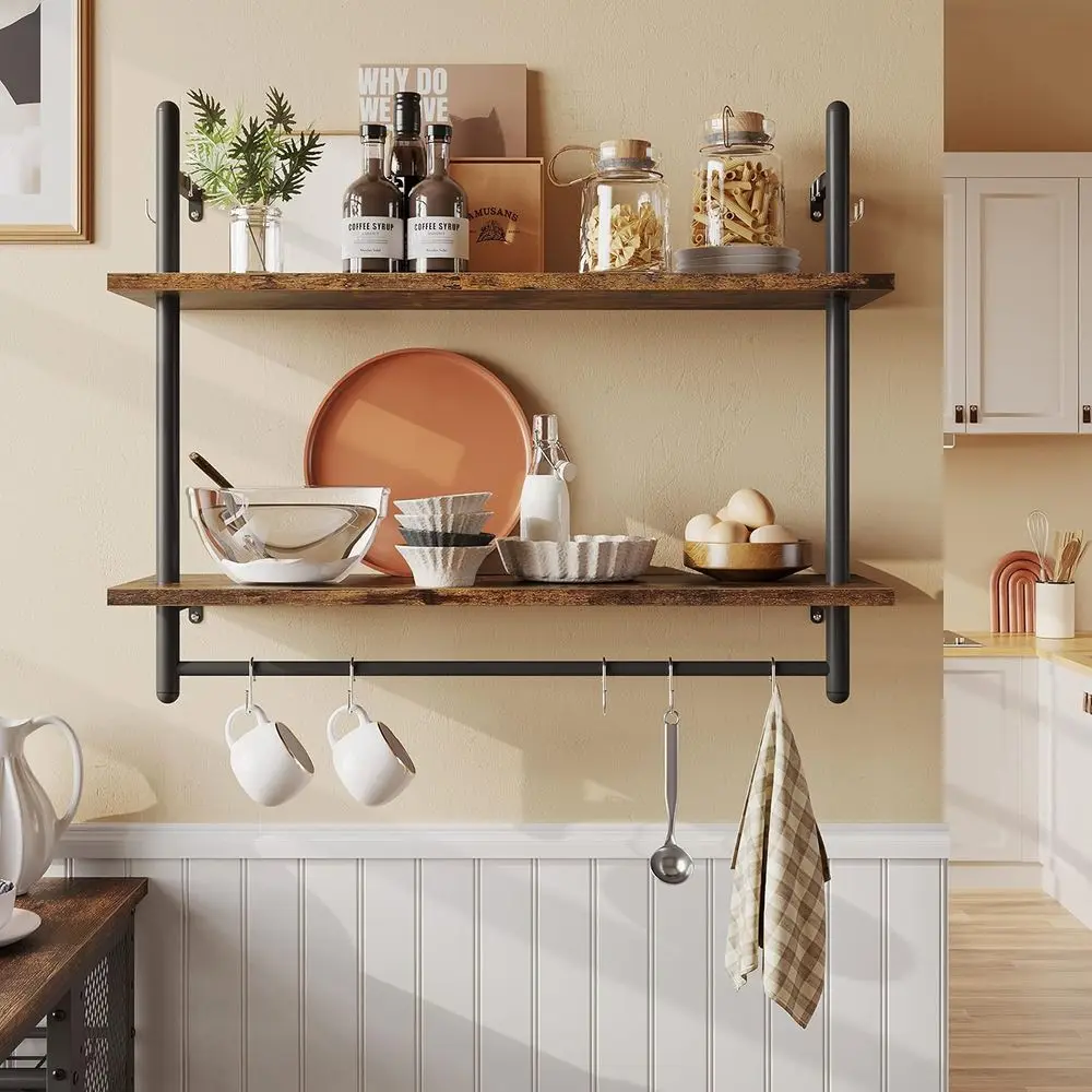 

Pipe Shelf Industrial Floating Shelving 31" Kitchen Wall-Mounted Shelf with Towel Bar Hooks Coffee Bar Shelves Wine Hanging Disp