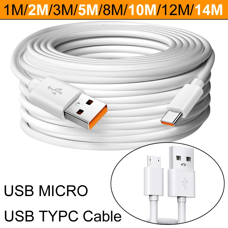

USB To 6A Type C 2.1A Micro Cable For Xiaomi Redmi Huawei Mobile Phones Charging Cable VR CCTV Camera 2M 3M 5M 8M 10M 12M 14M