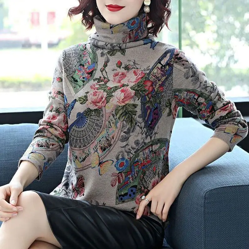 

Autumn Winter Thick Turtleneck T-shirt Casual Butterfly Printed Floral 2023 Women's Clothing Loose Fashion All-match Pullovers