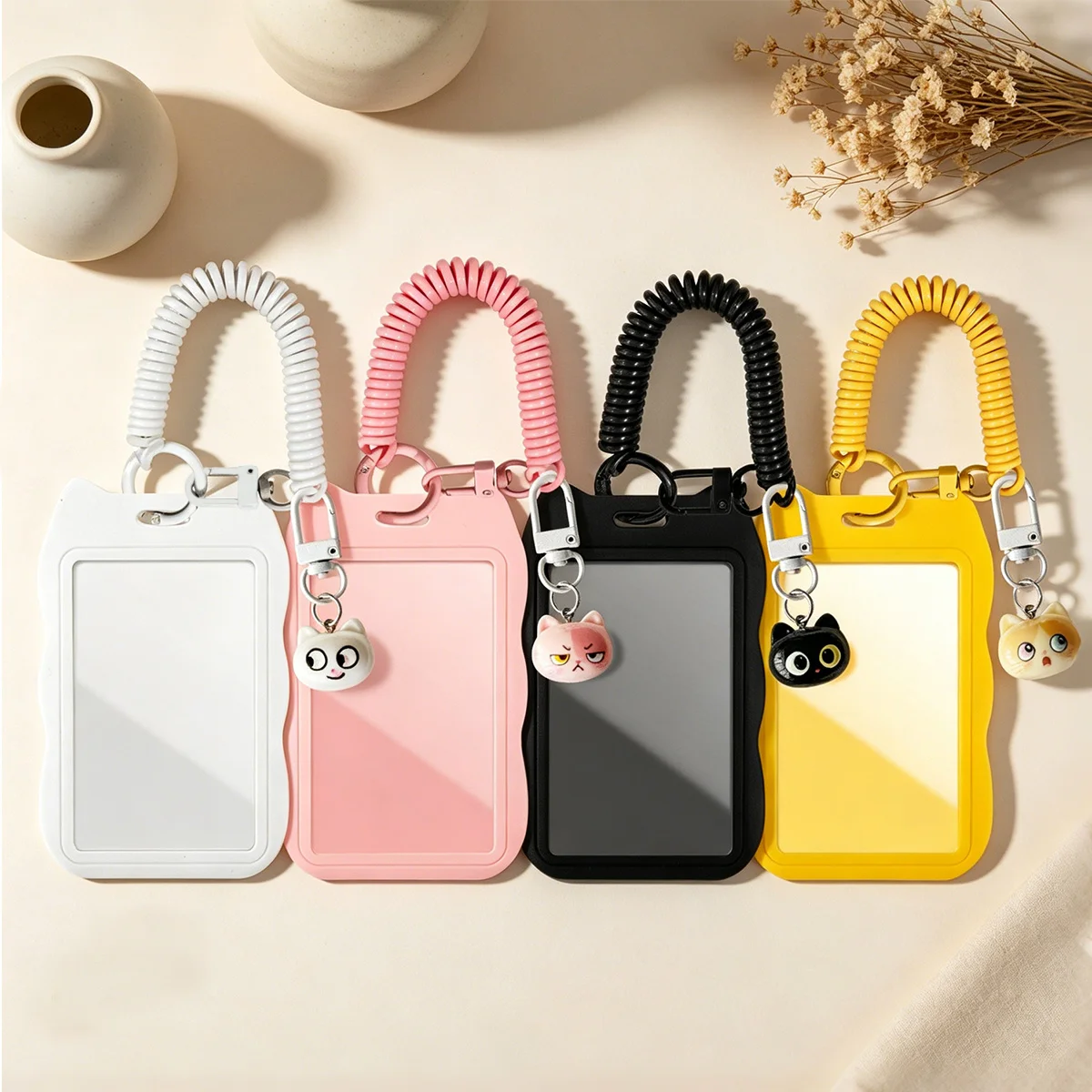 Cute Cat Badge Holder with Pendant, Stretch Wrist Strap ID Card Case for Student Office Women Back to School