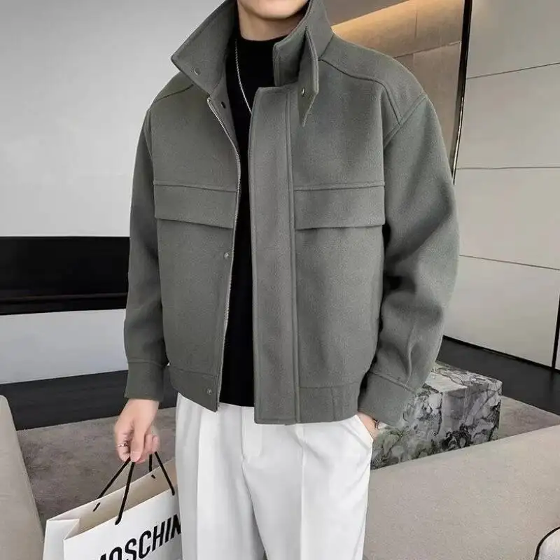 Stijlvolle wollen jas voor heren, korte reversjas met opstaande kraag, hoge kwaliteit herfst-winter trendy outfit, niet-infringend