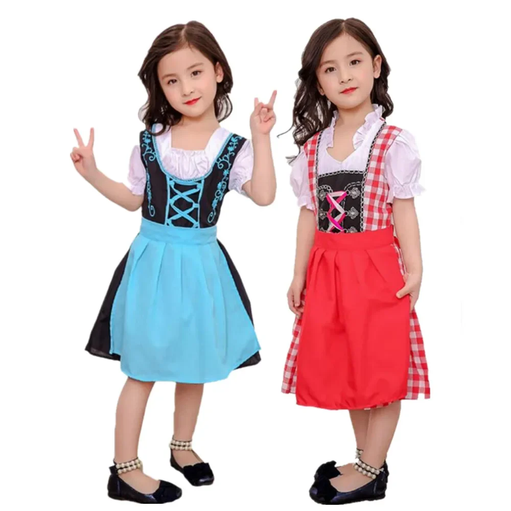 

3-10T Kids Girls Medieval Oktoberfest Costume Bavarian Cotton Plaid Dirndl Dress Up Child Halloween Carnival Party Maid Costumes