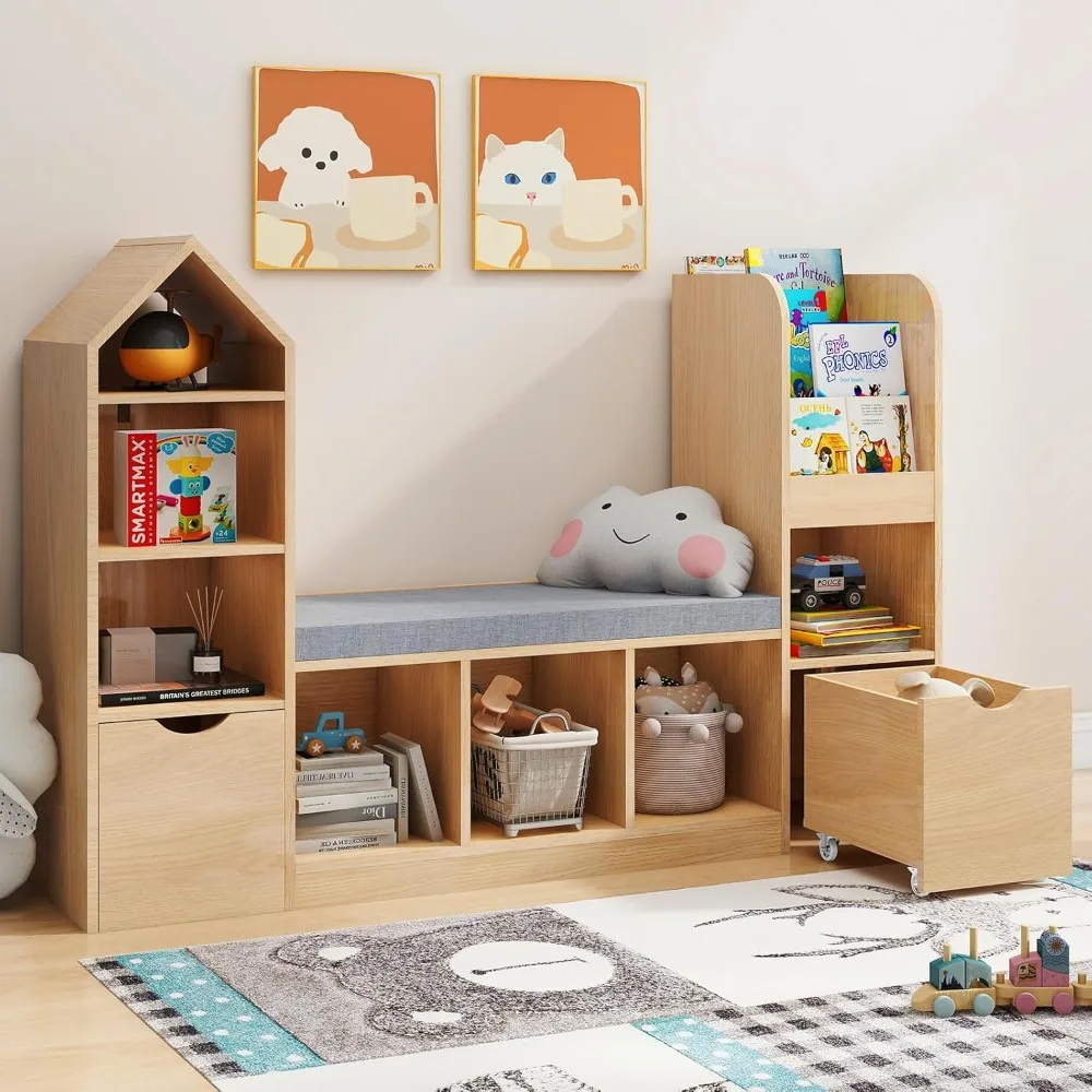 

Kids Bookcase and Bookshelf with Reading Nook, Toy Storage Organizer for Kids, Oak Bookcase with 7 Storage Cubbies 2 Movable