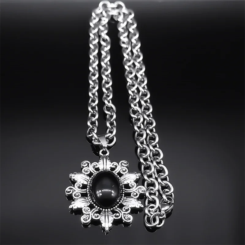 Vintage Carved Flower Pendant Necklace for Women Men Stainless Steel Silver Color Chain Gothic Necklaces Jewelry Gift NZZZ368-1