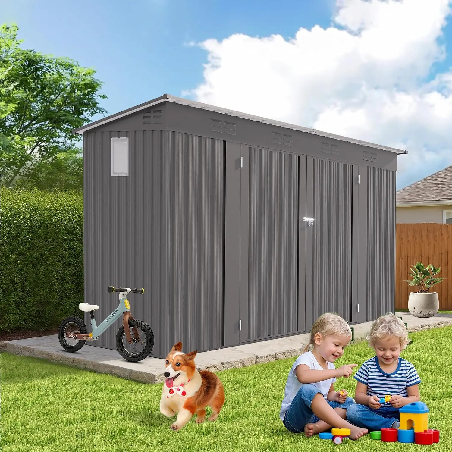 4x9 ft Lean to Shed Outdoor Storage Lockable Door & Window Metal Sloping Roof 6 Vents Garden Tool Backyard Patio, Customized