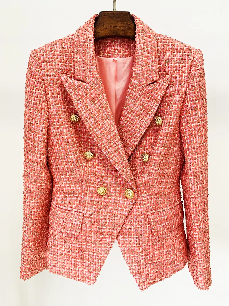 HIGH QUALITY Newest 2024 Designer Jacket Women\'s Classic Slim Fitting Metal Lion Buttons Double Breasted Tweed Blazer