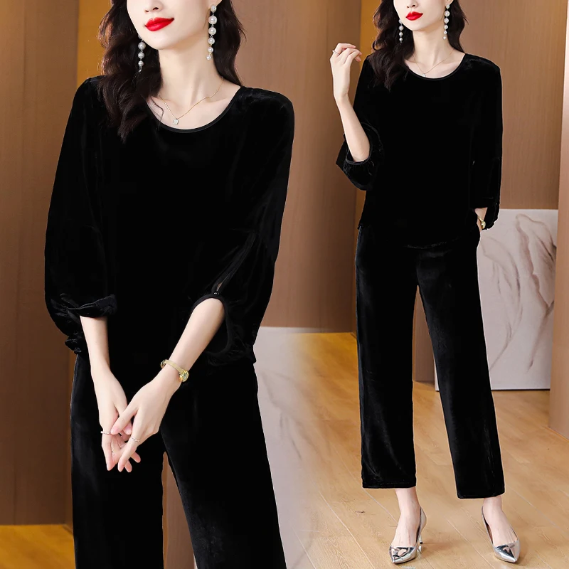 2023 Spring and Autumn New Velvet Bubble Sleeves Solid O-Neck T-shirt Black Velvet Straight Leg Pants Slim Retro Two Piece Set