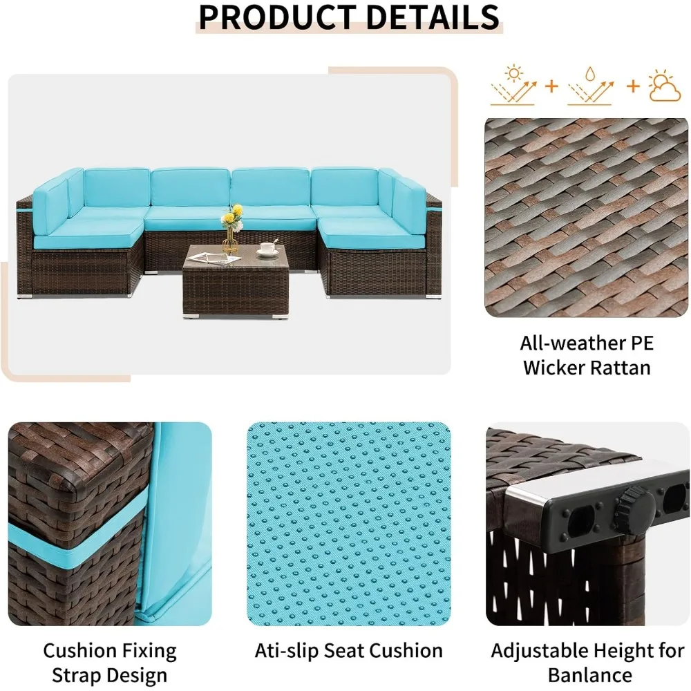 مجموعات أثاث الفناء الخارجي، 7 قطع مقطعية خارجية، مجموعات محادثة فناء أريكة الروطان PE مع غطاء مقاوم للماء