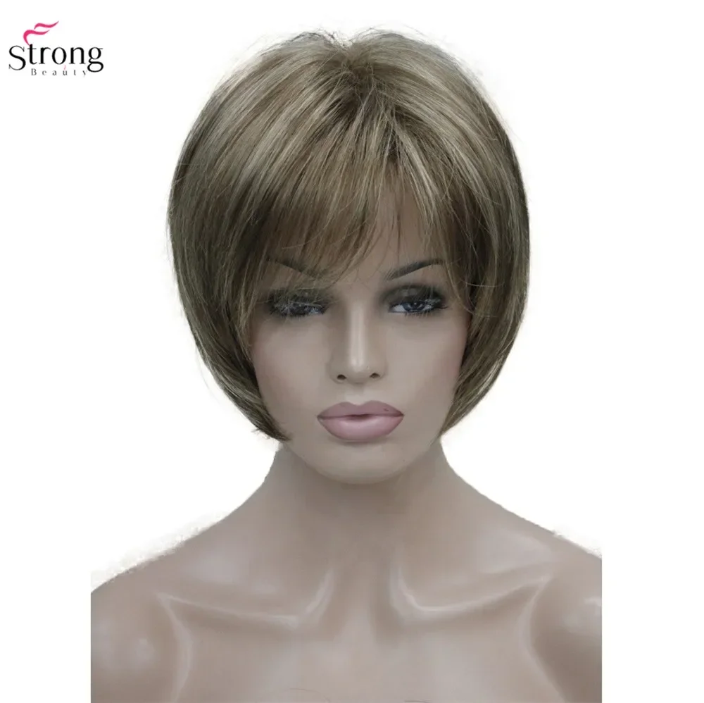 StrongBeauty Synthetic Wig Women\'s Ash Brown/Blonde Highlighted/ Hair Black Natural Wigs Short Straight