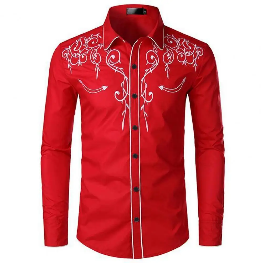 Camisa de vaqueiro ocidental bordada com gola de lapela masculina, design slim fit, blusa manga comprida, roupas elegantes, verão