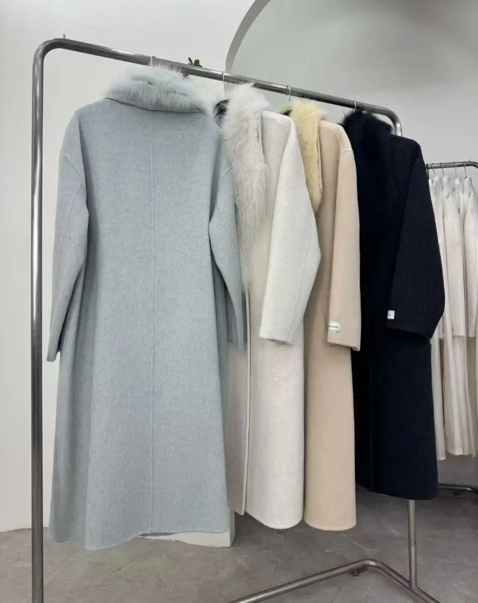 เสื้อโค้ทผ้าขนสัตว์ผสมแคชเมียร์สองด้านสำหรับผู้หญิง BJTZ 2025 แต่งขอบด้วยขนสุนัขจิ้งจอก เสื้อคลุมทรงเทรนช์สุดหรูสำหรับฤดูใบไม้ร่วงและฤดูหนาว ให้ความอบอุ่นอย่างมีระดับ