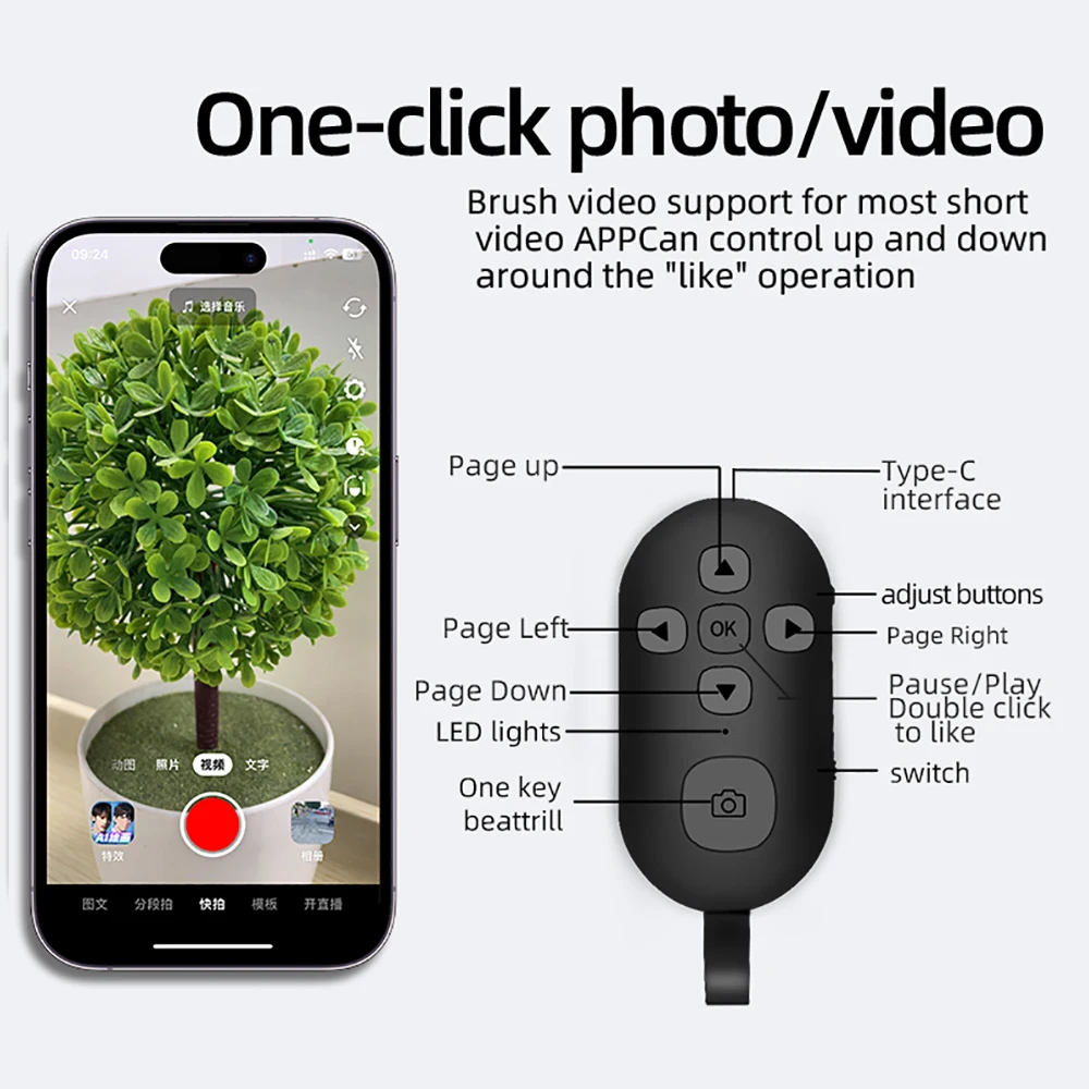 Bluetooth 5.2 Remote Controller Wireless Controller Button for Mobile Phone Selfie Shutter Release Tik Tok e-book Page Turning