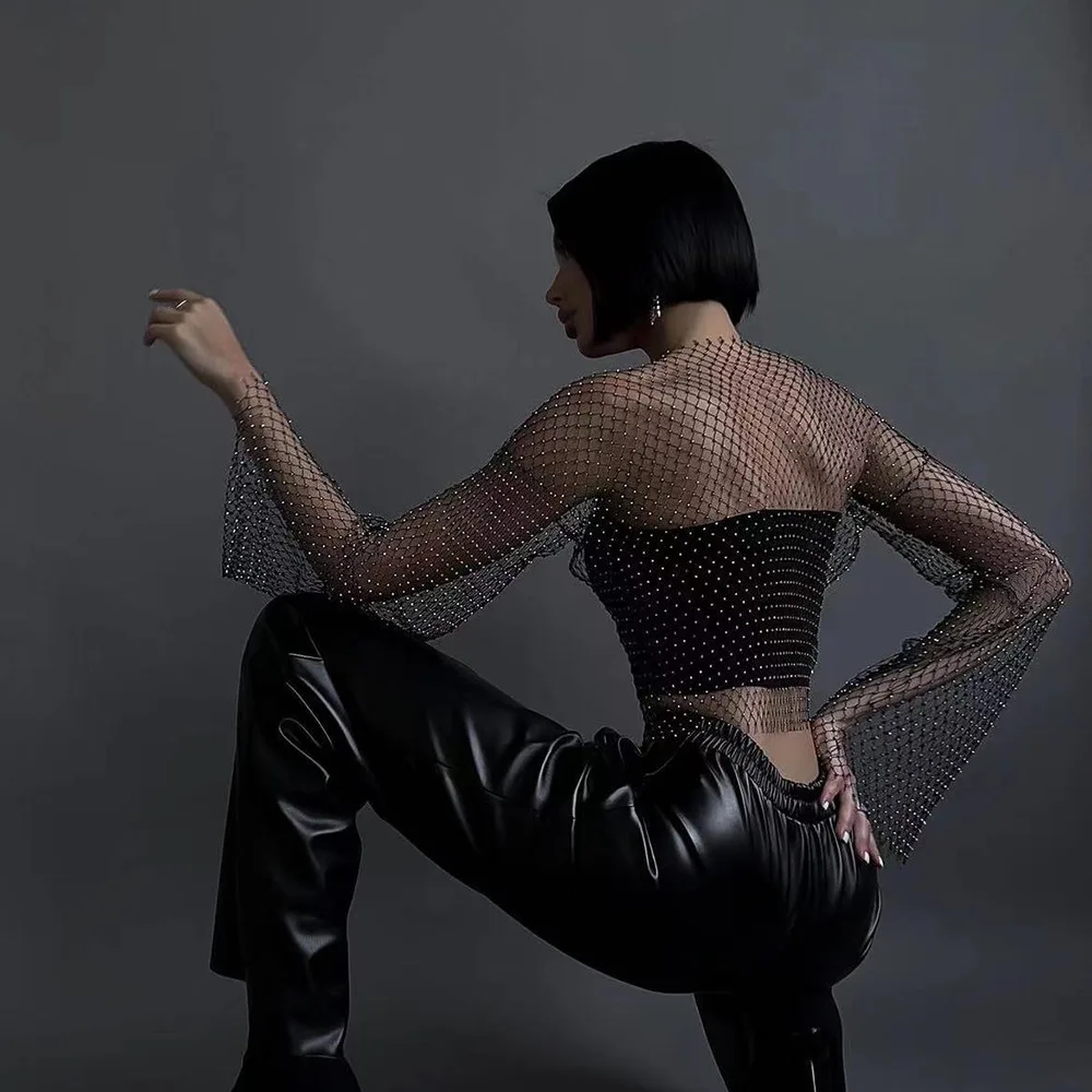 Women Rhinestone Fishnet Mesh Long Sleeve T-Shirt Summer High Sense Sheer Inner Layering Top