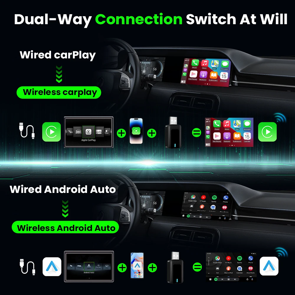 NEW 2in1 Wireless CarPlay Android Auto Adapter Smart Dongle Plug And Play For Hyundai Azera Sonata i10 i30 Tucson Ioniq Kona 