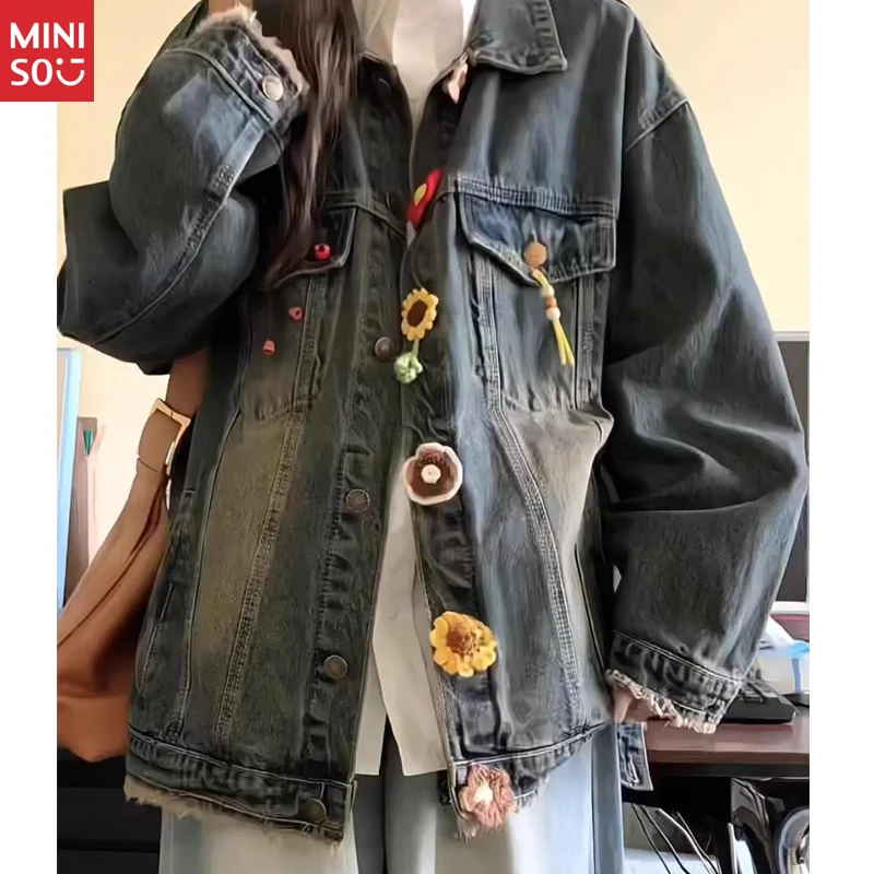 

Miniso Vintage Washed Denim Jacket, 2025 Petite Workwear Coat, American Retro Top