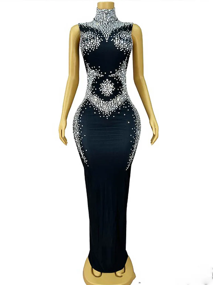 High Quality Rhinestone Elastic Hip Hugging Black Dress 2024 New Fashion Custom Women'S Clothing