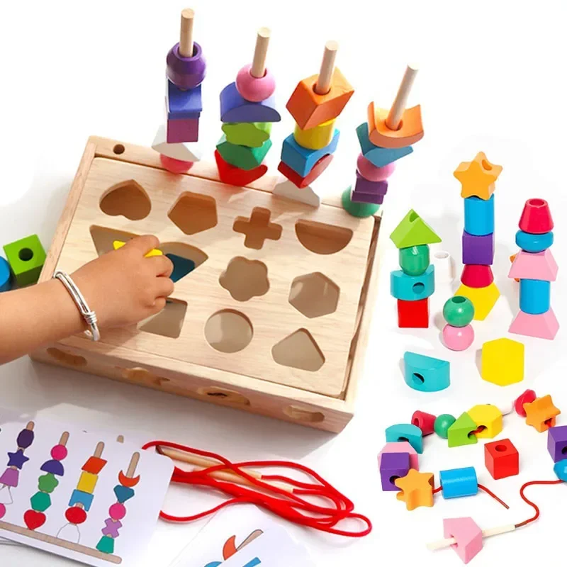 5 in1 Montessori Giocattoli di legno Forma di colore Blocchi cognitivi Gioco di smistamento abbinato Giocattoli educativi precoci con perline Regalo per i bambini