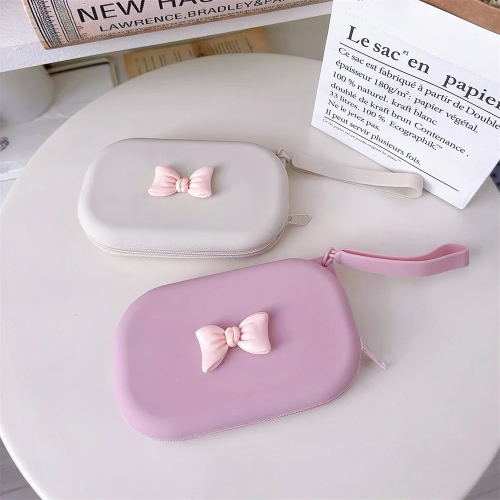 Cute Bow Storage Box Small Portable Card Coin Purse Contact Lens Companion Box Korean Pink Rice Ribbon Zipper Storage Box