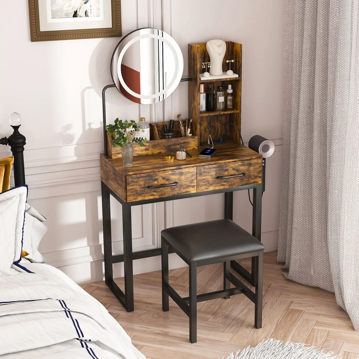 2 large drawer brown makeup dresser with LED light, 3 color power socket, sturdy metal legs, suitable for bedroom/dressing room
