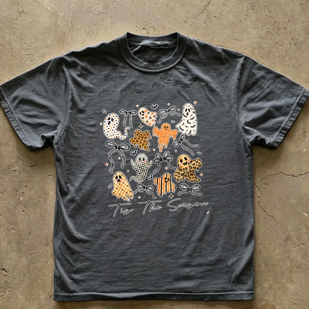 Coquette Leopard Ghost Collage Halloween T‑Shirt Cute Plaid Striped Ghost Bow Retro Fall Spooky Season Trick or Treat Cotton Tee