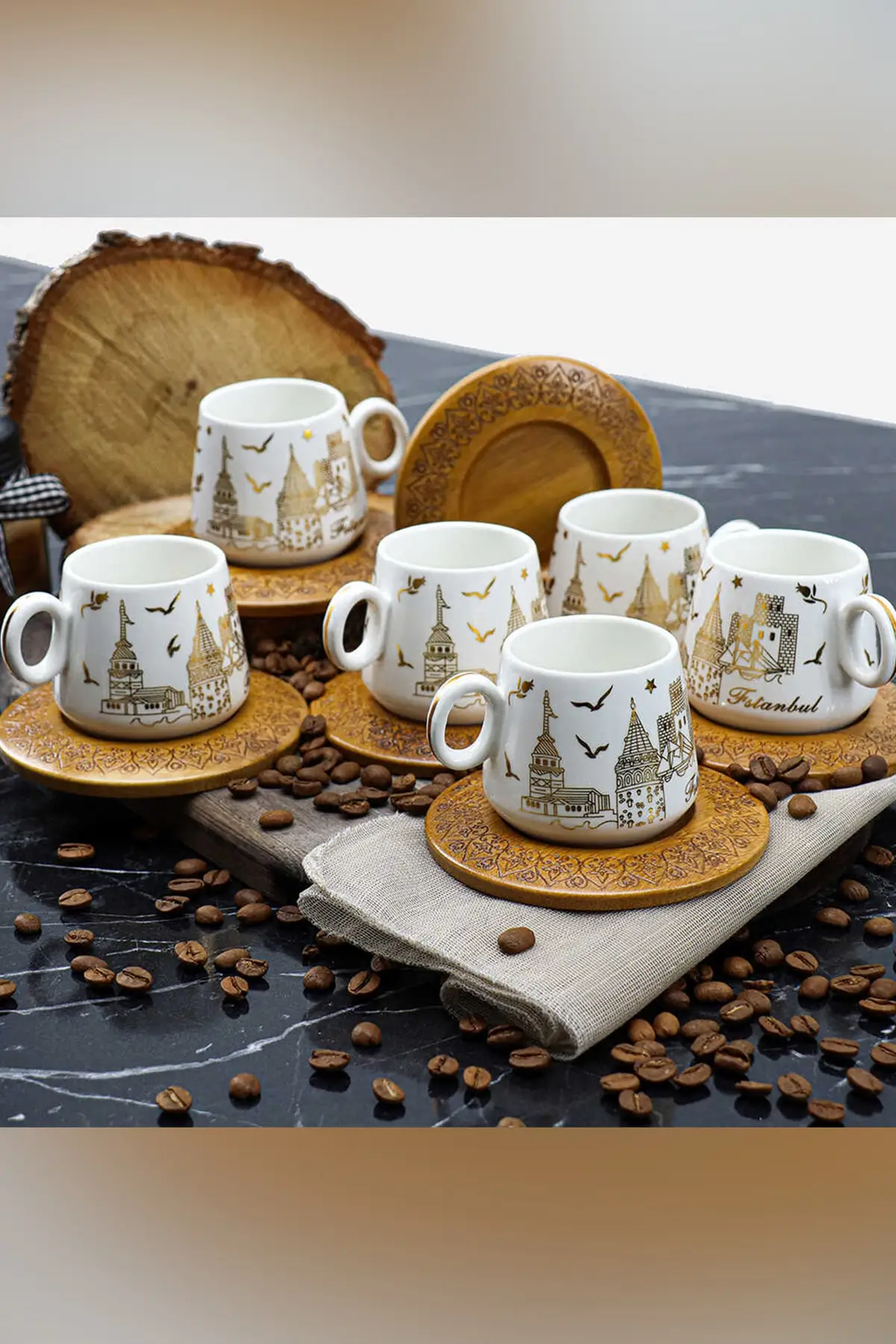 White Istanbul Turkish coffee Cup Pad 12 Piece 6 Personality Product Content: 6 pcs Cup 50 cc 6 Pcs Saucer