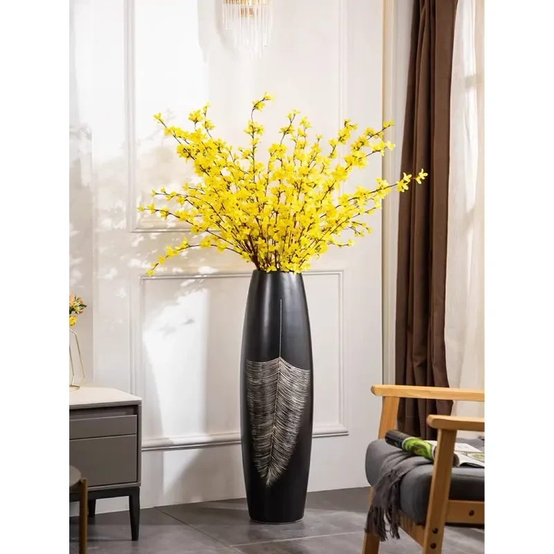 for Feather Pattern Floor to Ceiling Black Handmade Vase Ornament Straight Nordic Style Modern Family Cylindrical Flower Pot