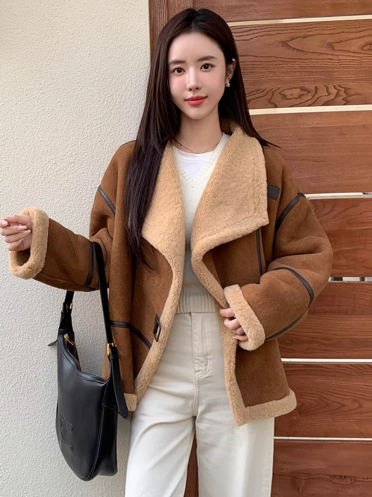 Luksusowe kurtki zimowe z wyższej jakości wełny merino i zamszu dla kobiet, nowa kolekcja 2025, proste, codzienne, prawdziwe skórzane płaszcze z futra jagnięcego.