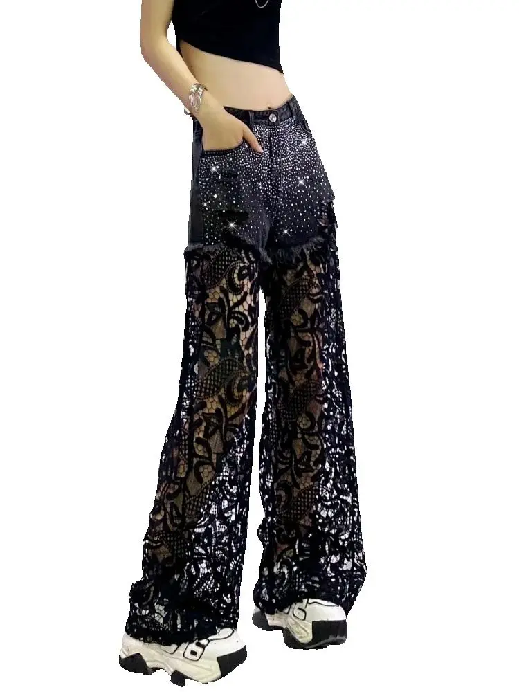 

High Street Shiny Hot Drilling Hollow Out Lace Splicing Denim Long Trousers All-match High Waist Mopping Floor Straight Pants
