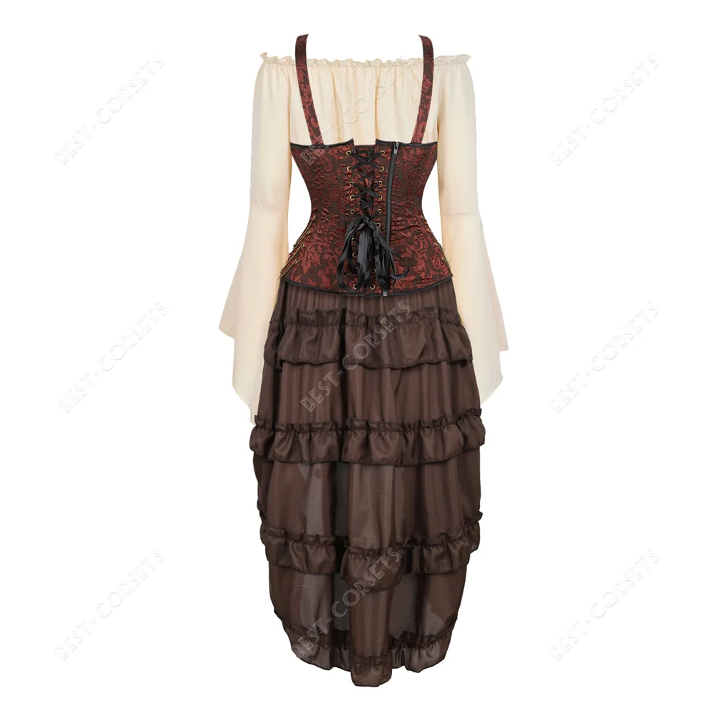 Sexy Pirate Corset Dress Skirt Plus Size Steampunk Corset Top Lace Up Off Shoulder Blouse Medieval Halloween Costume for Women