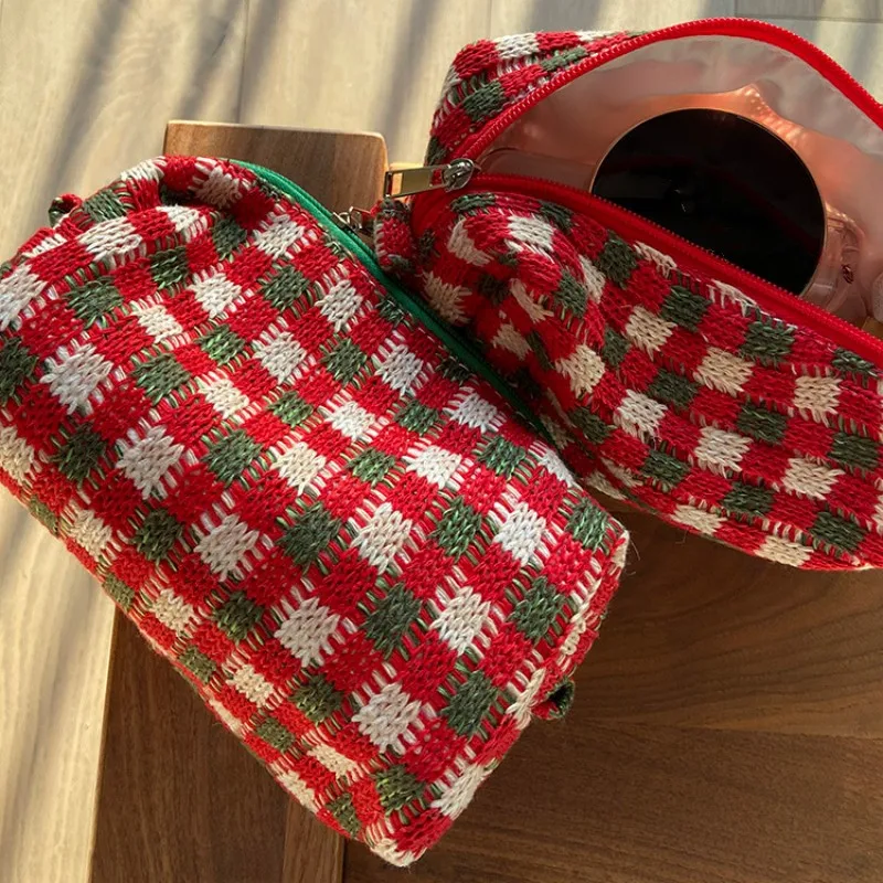 New Cosmetic Bag Knitted Red Green Plaid Large Capacity Makeup Bag Storage Pouch Pen Bag Travel Portable Wash Bag Christmas Gift