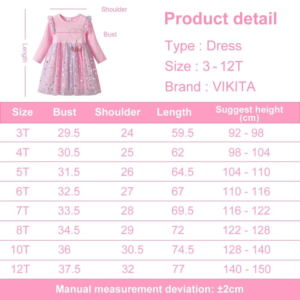 VIKITA 2025 Kinder Kleidung Mädchen Herbst Frühling Langarm Rosa Kleid Kinder Herz Form Mesh Tüll Prinzessin Party Sternen Kleider – Detail 1