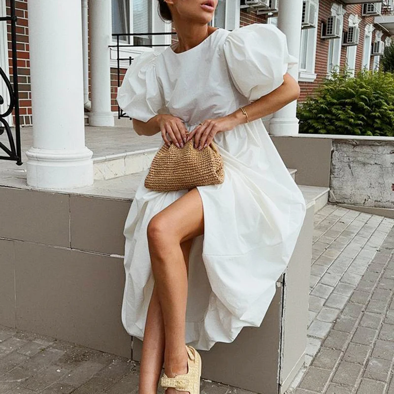 Summer High Street Loose Party Dress Simple White O Neck High Waisted Pleated Dress Casual Puff Sleeves Women's Long Dress Mujer