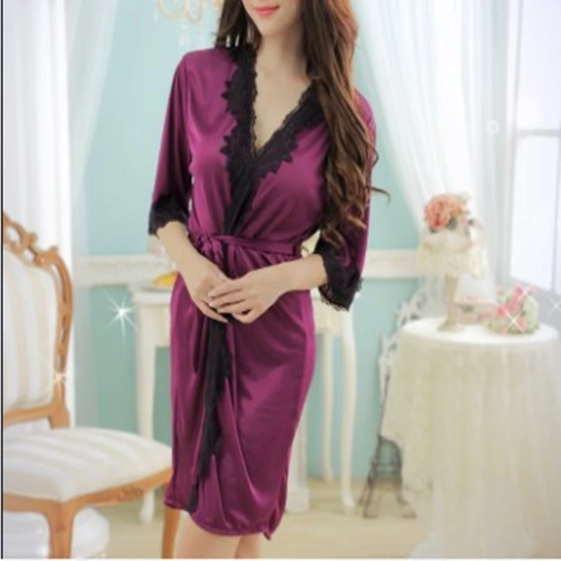 Women Silk Satin Short Night Robe Solid Kimono Robe Fashion Bath Robe Sexy Lace Bathrobe Peignoir Femme Nightdress Pajamas