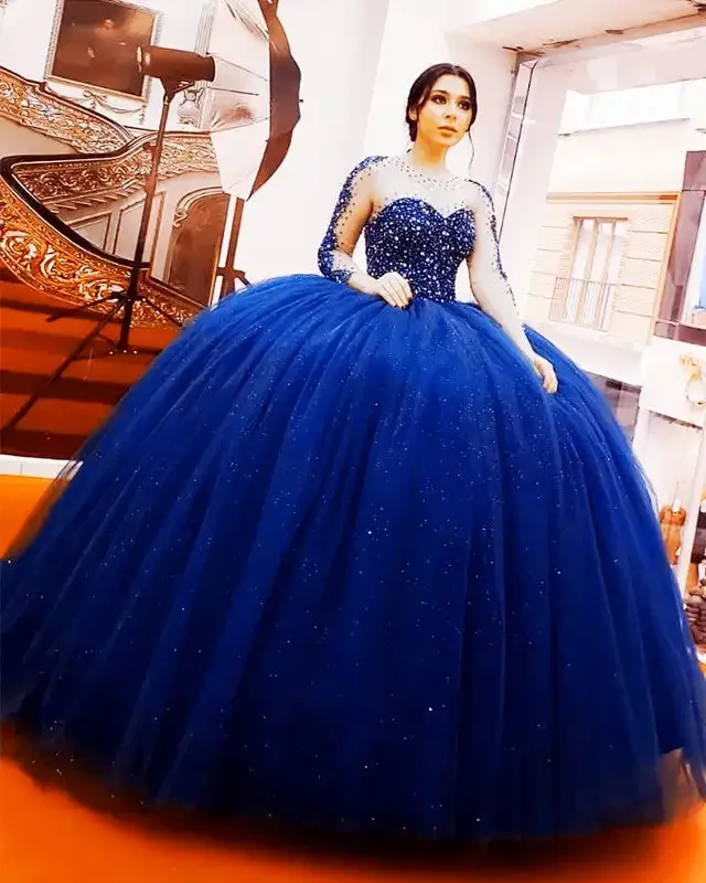 Blauwe Lange Mouwen Quinceanera Jurken Luxe Kralen Baljurk Prinses Vestidos De 15 Anos Maskerade Verjaardagsfeestjurken