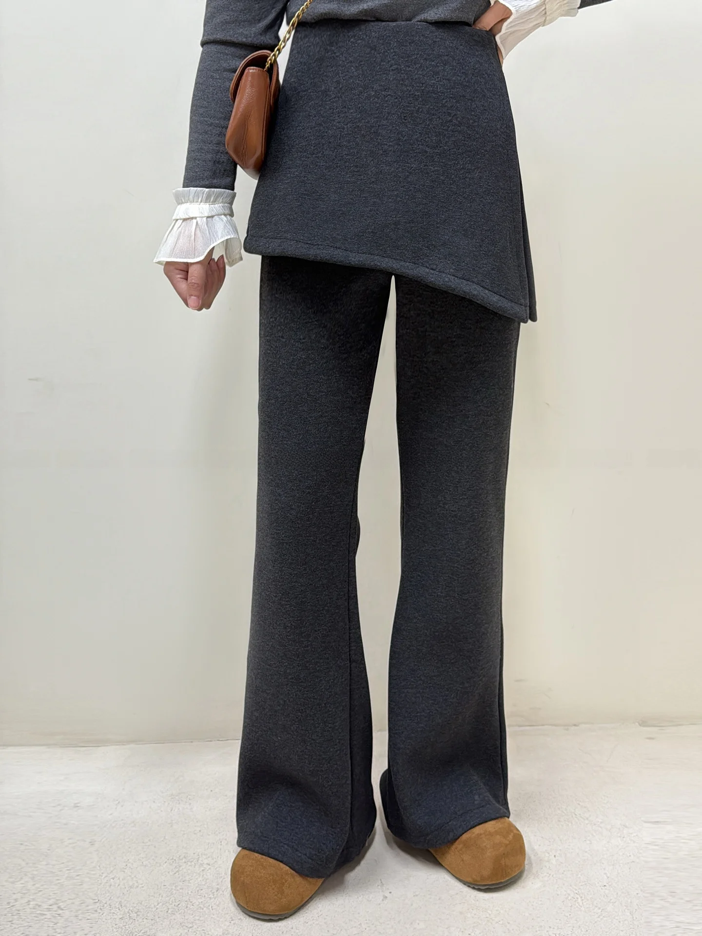 

Acetate Wool Fce Lined Wide Leg Pants Women's Casual Trousers High Waist Straight Cut Autumn Winter Slimming Flared Knees