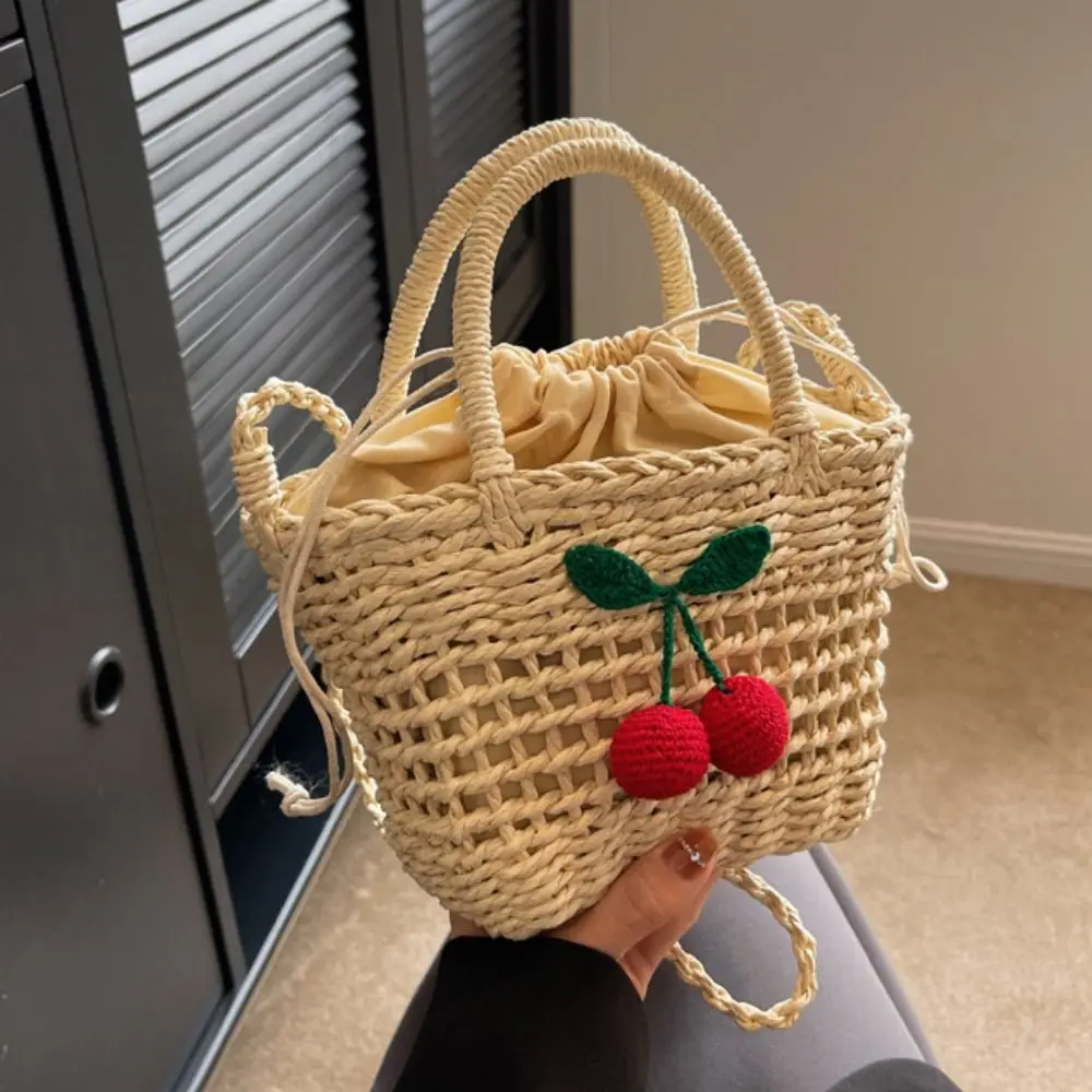 Fairy Cherry Lovely Woven Handbag Sunflower Shoulder Bag Straw Crossbody Bag Hollow Out Cute Summer Bag Girls