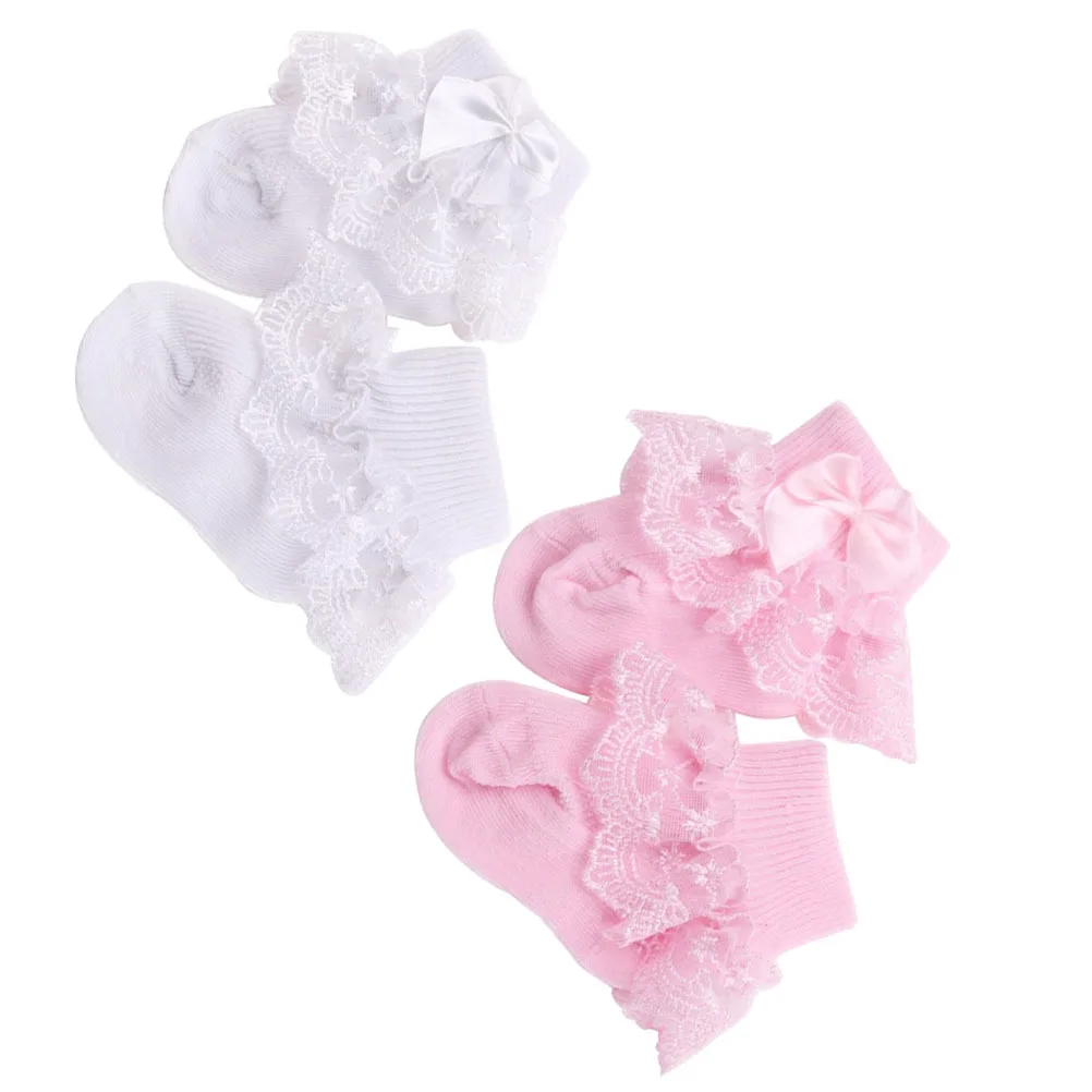

2Pairs Soft Lace Socks for Toddlers Breathable Warm Bow Design Non-Slip Infant Socks Comfortable Fit 0-1 Year Old White Pink S