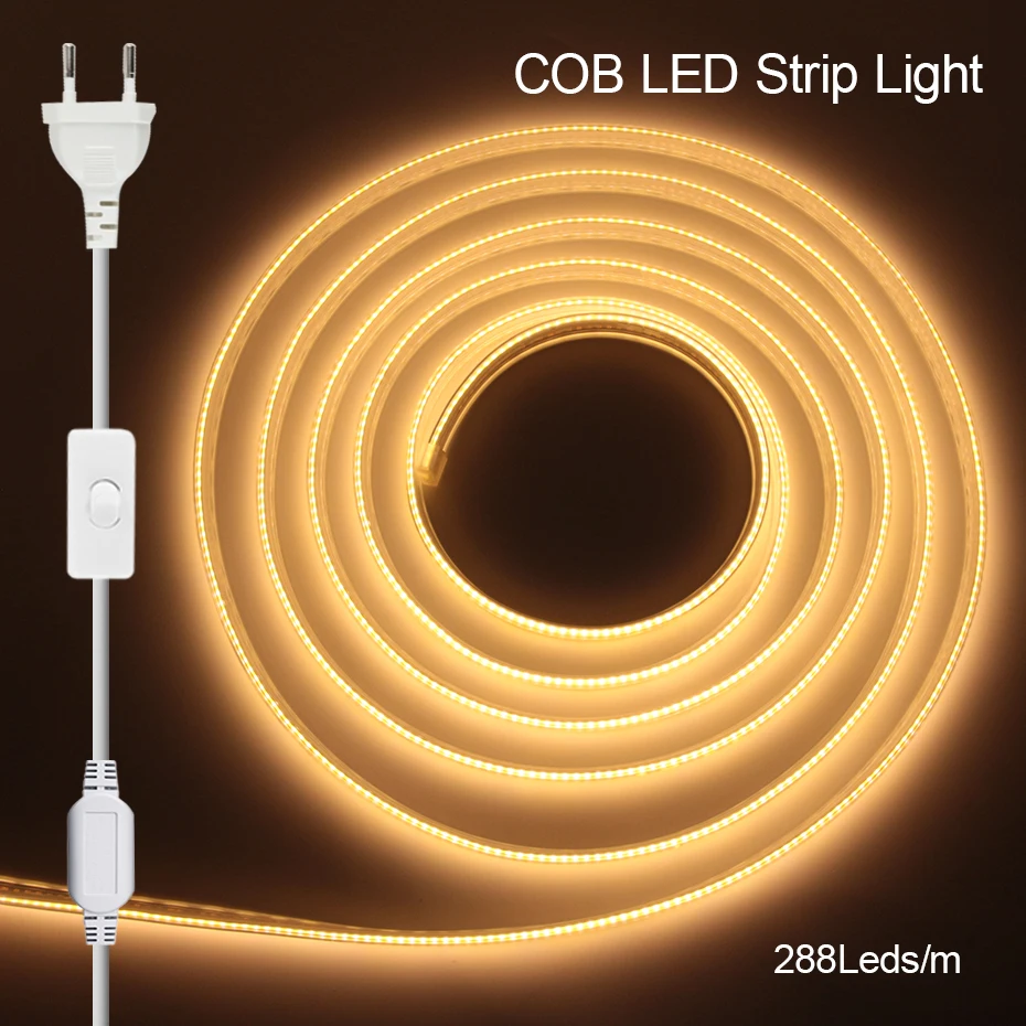 Interruptor liga/desliga ue au plug 220v cob tira led luz de néon 288leds à prova dwaterproof água decoração para casa flexível lâmpada de néon cozinha luzes do jardim