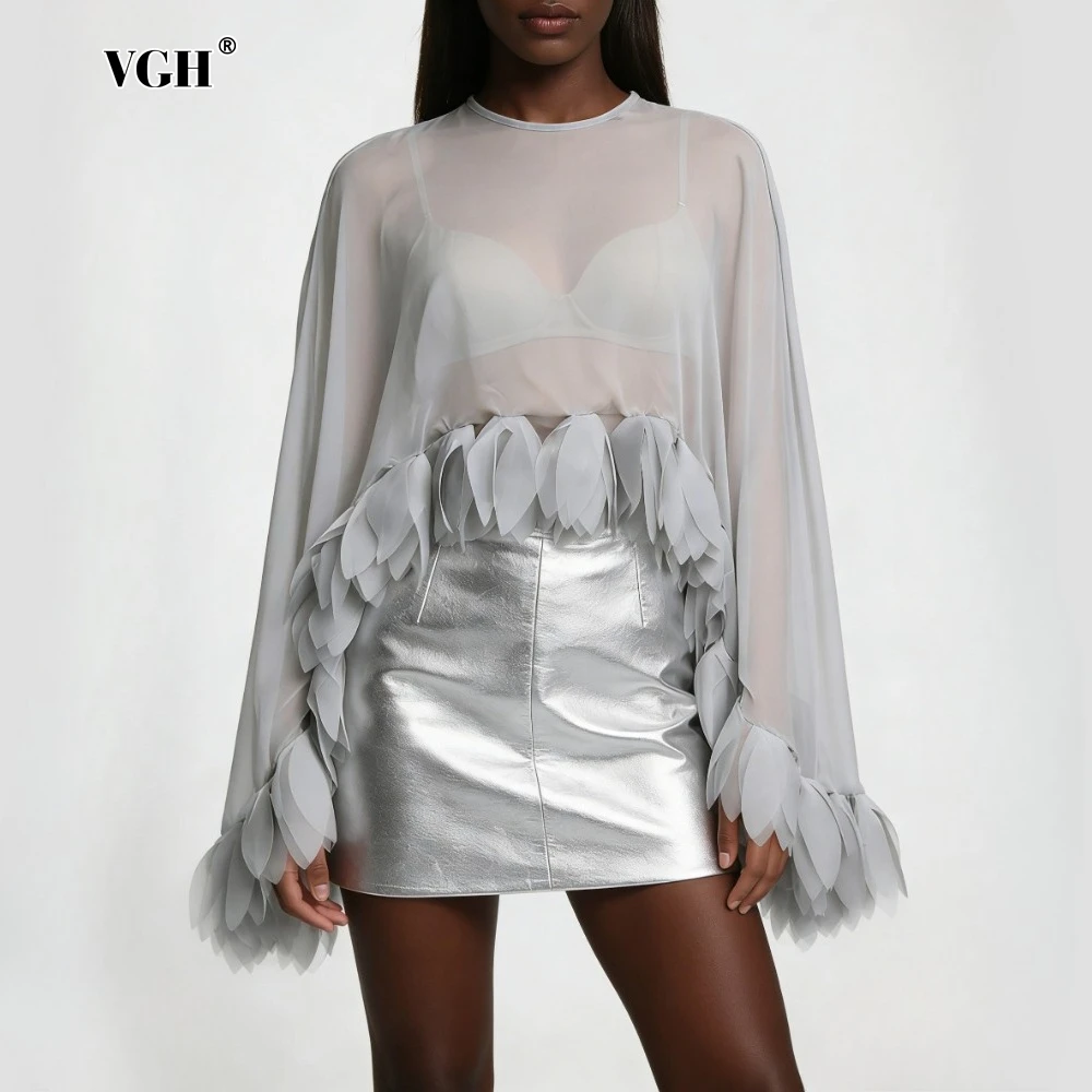 

VGH Gray Loose Spliced Flowers Chic Shirts for Women O Neck Long Sleeve Luxury Elegant Shirt Female Summer Fashion New Clothing