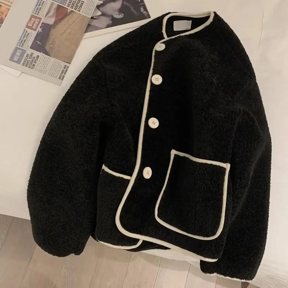 Women Faux Shearling Jacket Korean Fashion Autumn Women's Jacket Khaki Round Neck Lambhair Jacket Korean Loose Lambhair Coat