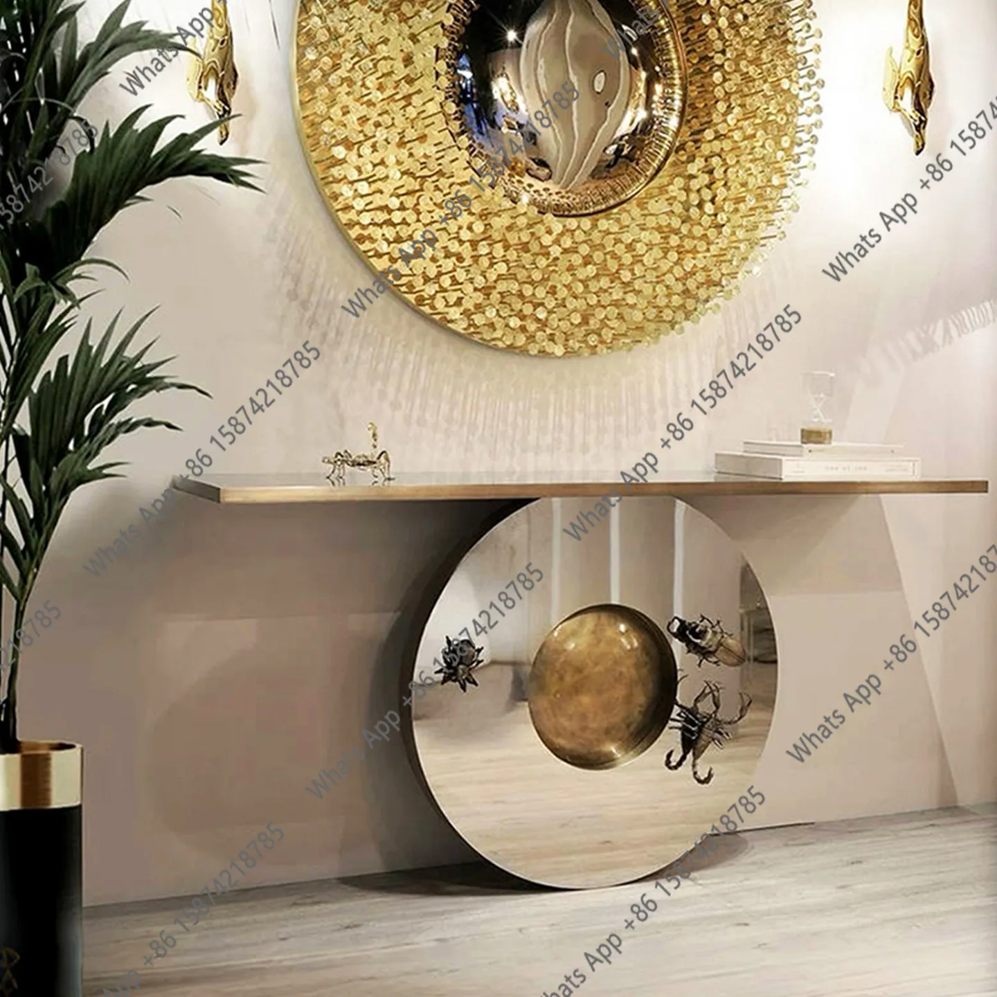 light luxury  feeling of entry, facing the door, end view table, artistic feeling, against the wall, stainless steel