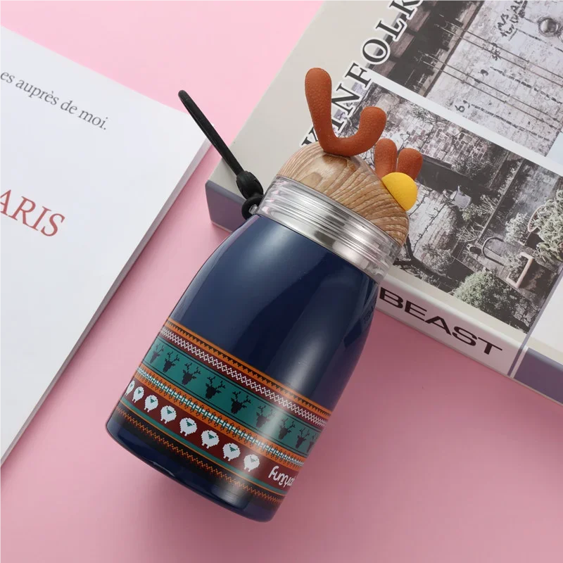 

Portable Handle Cartoon Insulated Cup with Christmas Reindeer Design 304 Stainless Steel Suitable for Students