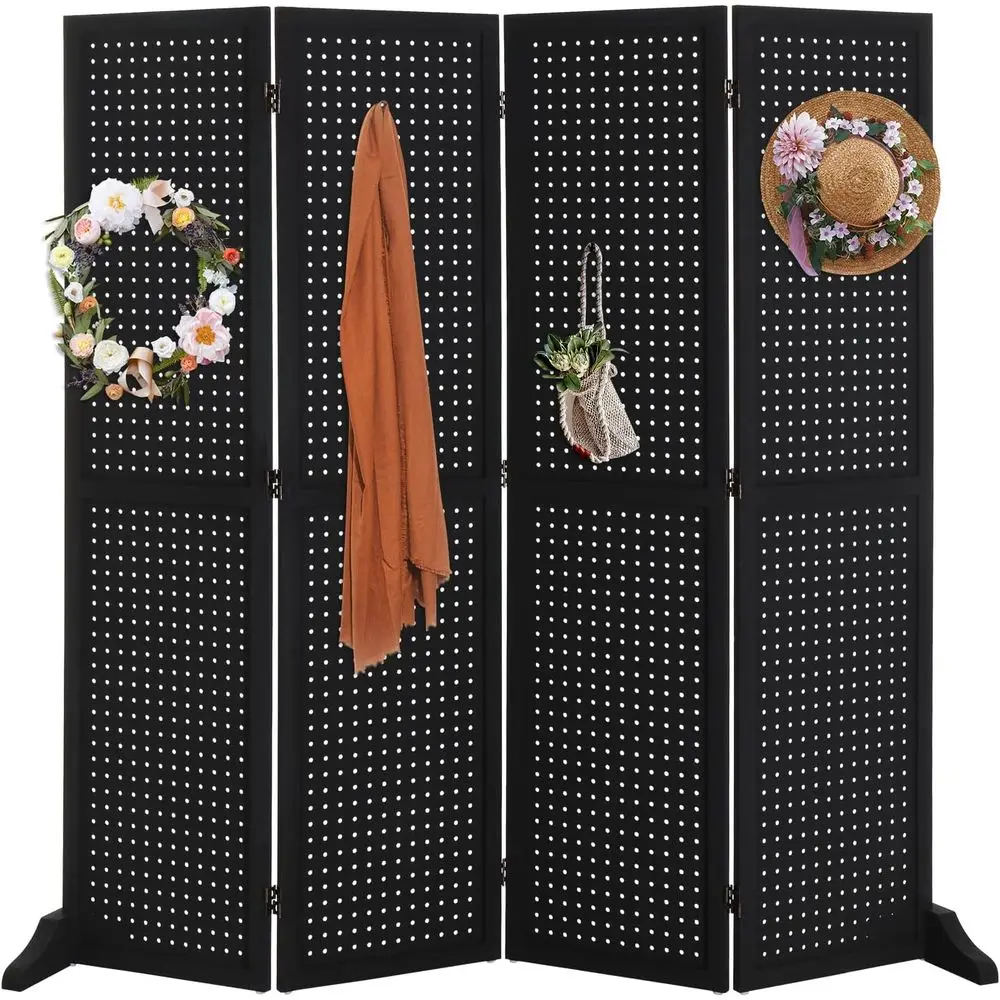 

4-Panel Pegboard Standing, 5-Tier Portable Display Organizer, Wooden Folding Privacy Room Divider with Base in Black