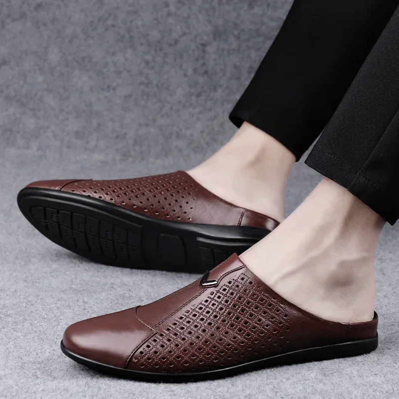 Fashion Mens Half Loafers Genuine Leather Baotou Leather Sandals Hollow Out Breathable Mules Man Outdoor Lightweight Half Shoes